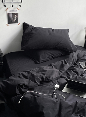 黑键练习曲水洗棉黑色四件套简约全棉纯棉暗黑床单床笠床上三件套
