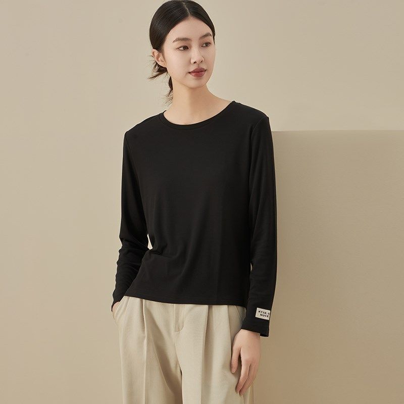 T恤衫女士2025春装新款简约圆领套头侧开叉打底衫修身长袖上衣服