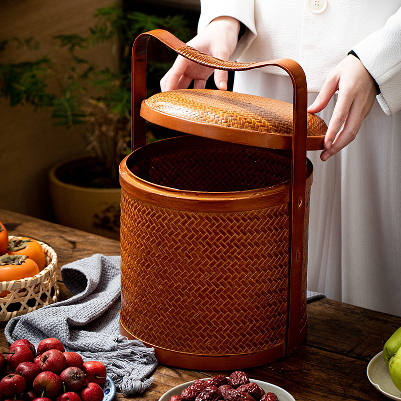 竹编提篮多层茶具收纳篮双层食盒三层礼盒藤编箱带盖点心中式漆器