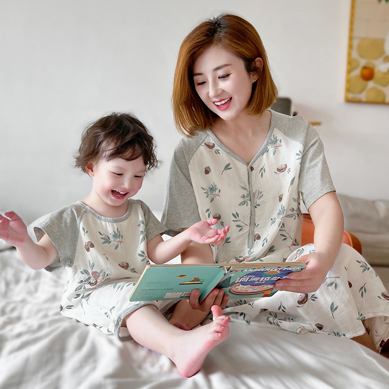 亲子款儿童竹棉纱布睡袍短袖夏季宝宝连体睡衣薄款男童宽松睡裙女