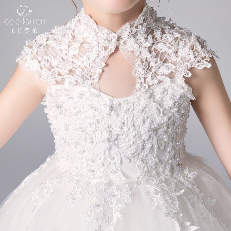 白色公主裙女童婚纱裙生日晚礼服秋季小主持人儿童钢琴演出服花童