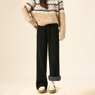 细条纹雪尼尔窄版阔腿裤女秋冬加绒加厚高腰垂感加绒直筒休闲裤子