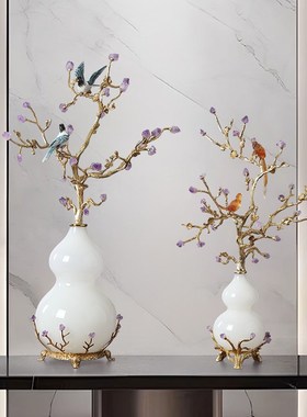 高档琉璃喜鹊招财葫芦铜摆件客厅玄关电视柜摆设乔迁新居开业礼物