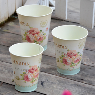 宽口径复古贴花铁皮桶花店干花花器铁桶铁多肉植物花卉花盆收纳桶