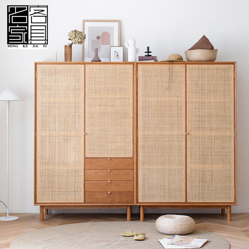 北欧全实木组合衣柜日式藤编双开门四季衣橱家用多功能储物收纳柜