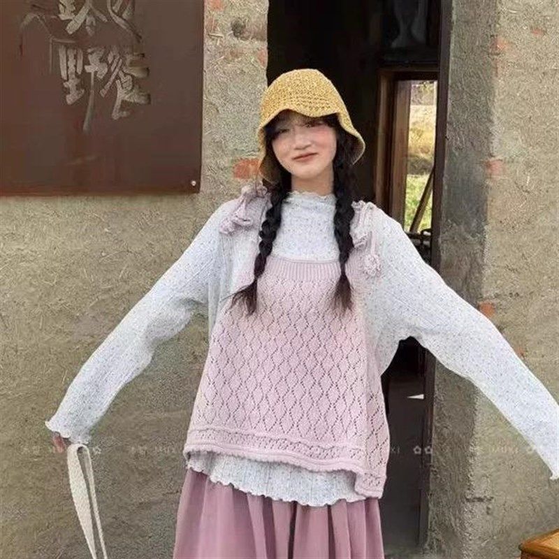 早春叠穿单品绑带针织吊带小背心女外穿短款上衣