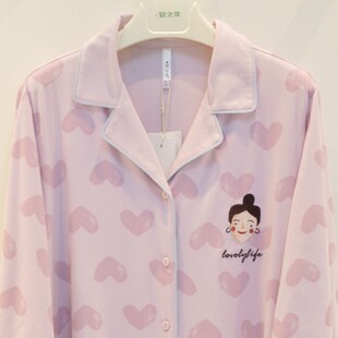 宽松睡裙家居服 女士纯棉针织甜美可爱爱心开衫 安之伴睡衣秋季 新品