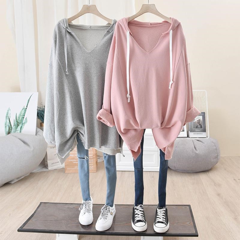 新款春秋薄款2-300斤超大码宽松设计感卫衣胖mm遮肚长袖v领上衣潮