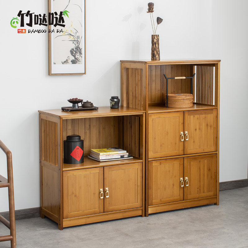 全竹厨房置物架多层落地收纳柜带门橱柜微波炉柜子锅具储物柜边柜