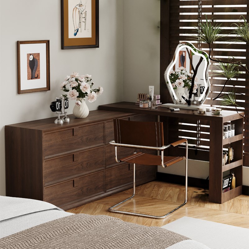 胡桃木色梳妆台斗柜一体床尾转角实木化妆桌侘寂风小户型收纳柜子