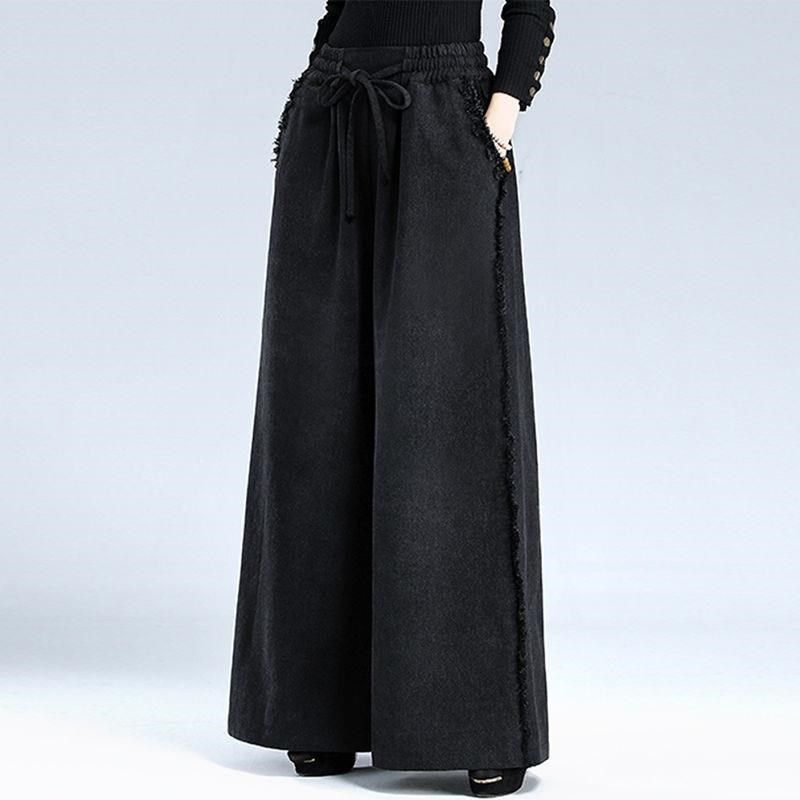 新款黑色松紧高腰牛仔阔腿裤女宽松大码垂感拖地直筒裤时尚休闲裤