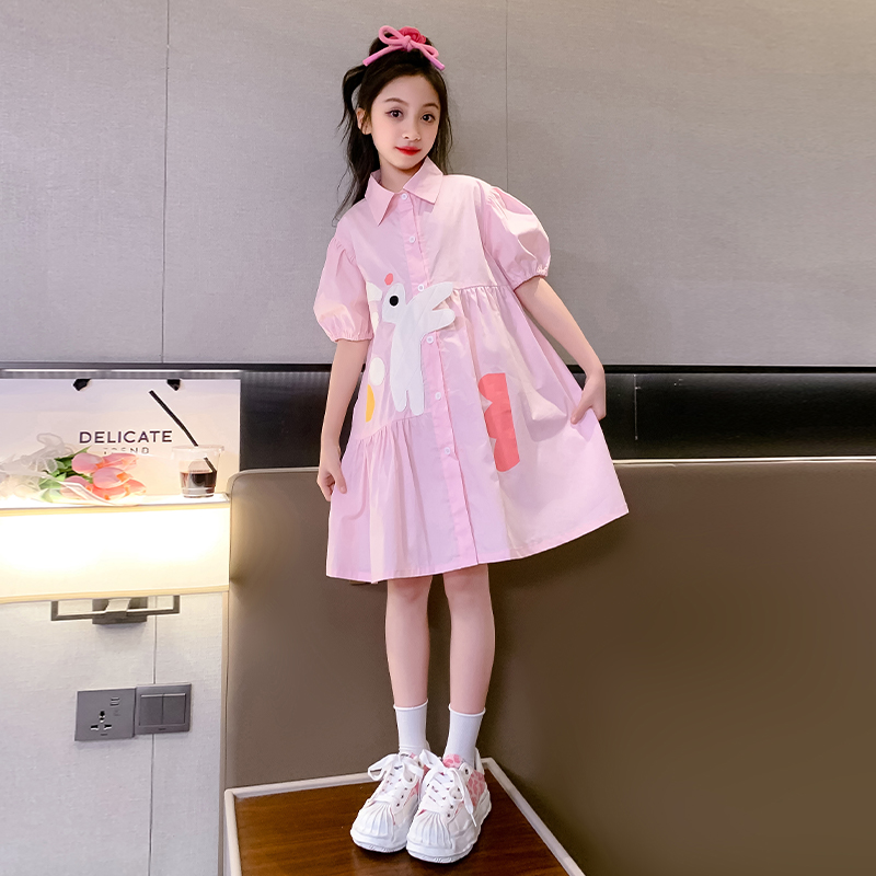 女童夏装连衣裙2023新款纯棉短袖休闲衬衫裙夏季公主裙儿童裙子夏