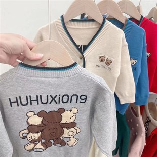 男童开衫毛衣薄外套纯棉红色童装春秋新款婴儿衣服儿童针织衫女宝