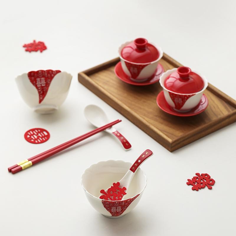 喜碗喜筷结婚敬茶杯套装改口喜杯对碗婚礼高档陪嫁婚庆用品