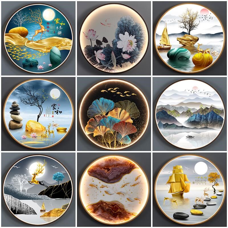 新中式壁灯九鱼山水一帆风顺石来运转家和富贵荷花九鱼玄关壁画灯