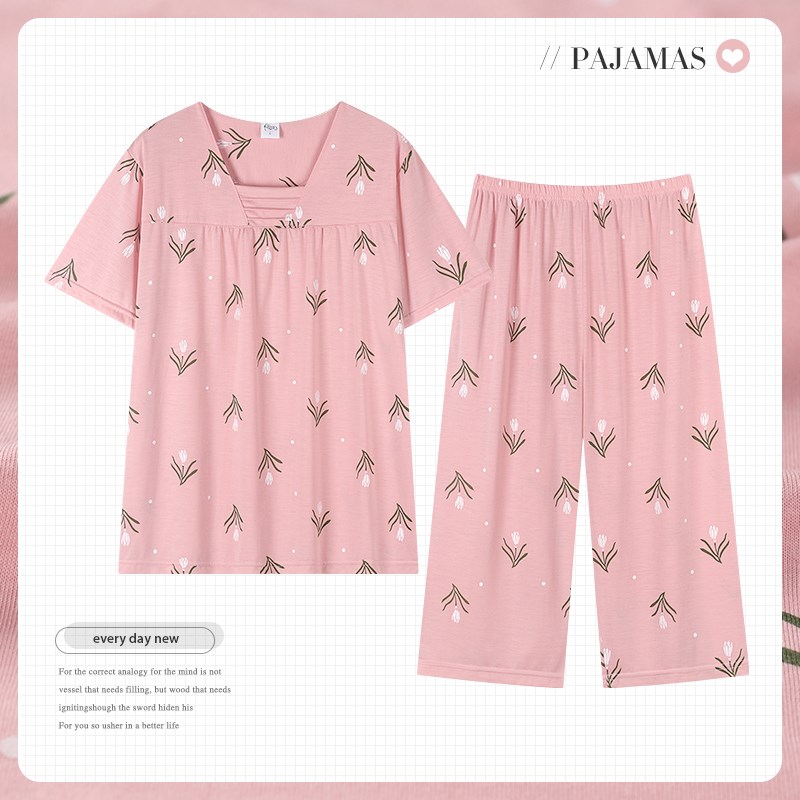 中老年睡衣女士夏季纯棉短袖七分裤妈妈薄款圆领套头家居服套装女