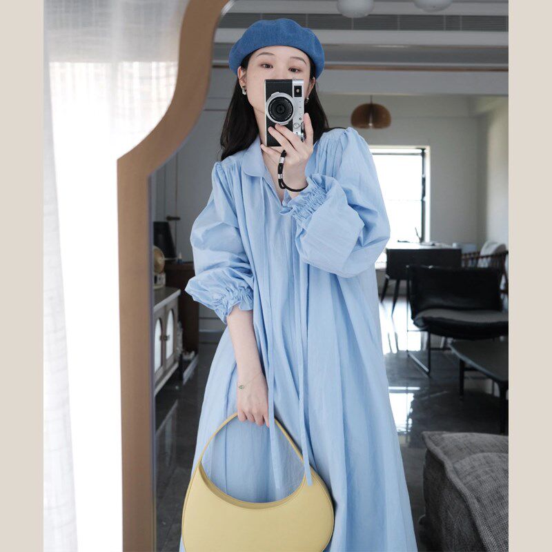 女绑带连衣裙春装法式娃娃领衬衫裙木耳边长袖纯棉连衣裙蓝色夏季