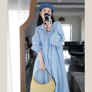 女绑带连衣裙春装法式娃娃领衬衫裙木耳边长袖纯棉连衣裙蓝色夏季