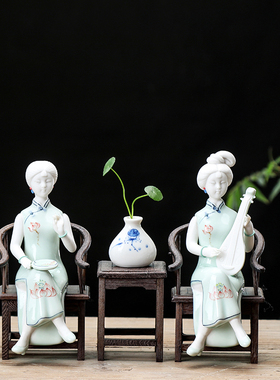 新中式摆件工f艺品陶瓷侍女玄关禅意家居装饰创意客厅书房酒柜摆