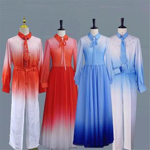 新款大合唱演出服男女学生诗歌朗诵红歌比赛表演服长裙主持人服装