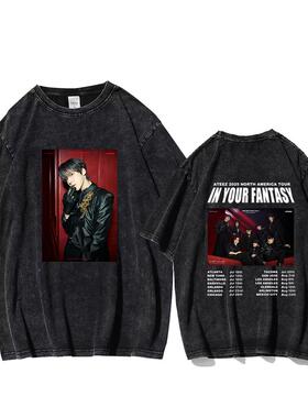 ATEEZ新专辑海报美图logo水洗做旧T恤独立站跨境复古短袖女上衣夏