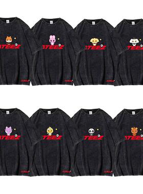 ATEEZ韩星动漫人物logo水洗做旧潮T恤独立站跨境复古短袖女上衣夏