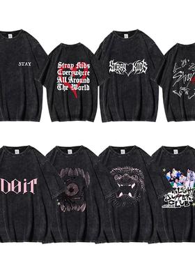 stray kids创意图案设计水洗T恤2025新打底上衣domin圆领短袖skz