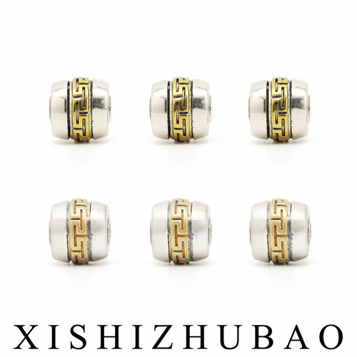 S925纯银嵌铜做旧回纹鼓面桶珠