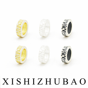 羲室S999純銀隔珠 復(fù)古不規(guī)則木頭紋線條圓環(huán)三色隔環(huán)DIY銀飾配件