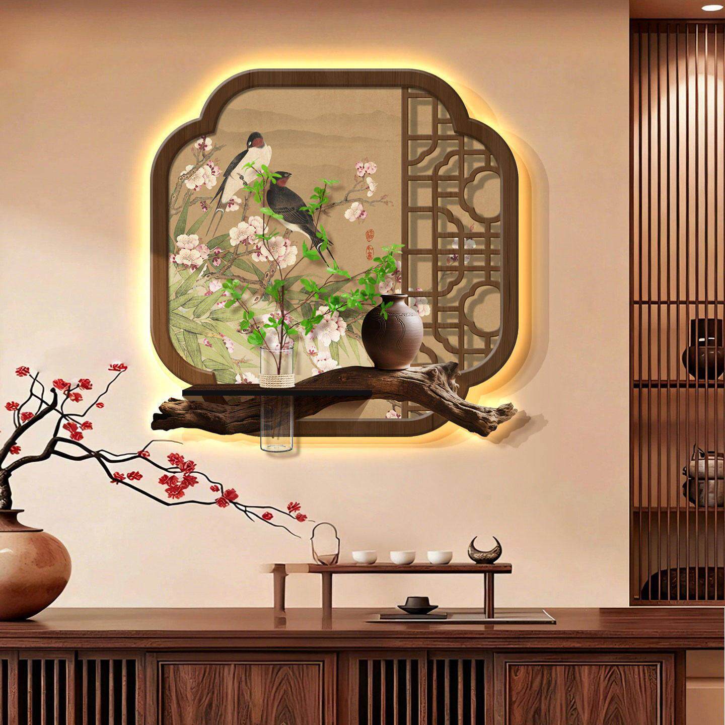 宋氏美学玄关带灯装饰画花鸟禅意壁画入户正对门氛围灯画茶室挂画