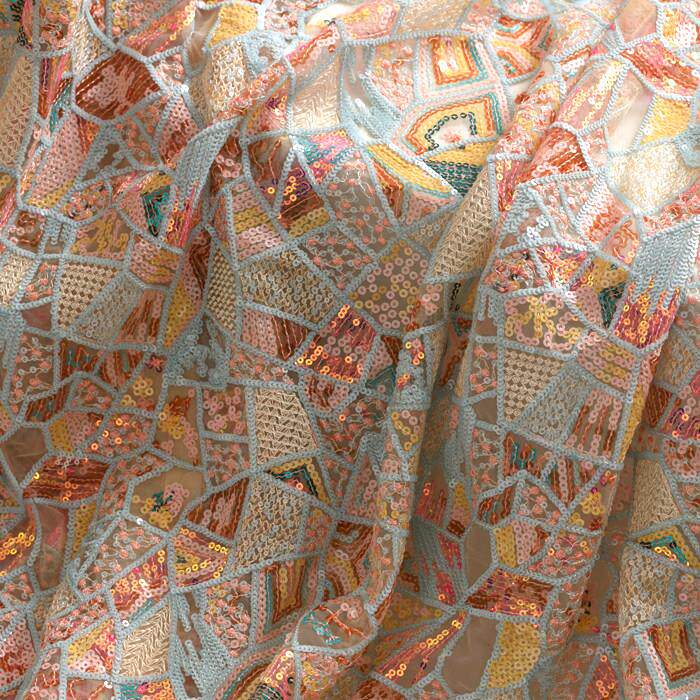 重工彩色珠片绣花网纱刺绣布料旗袍包裙连衣裙服装面料辅料