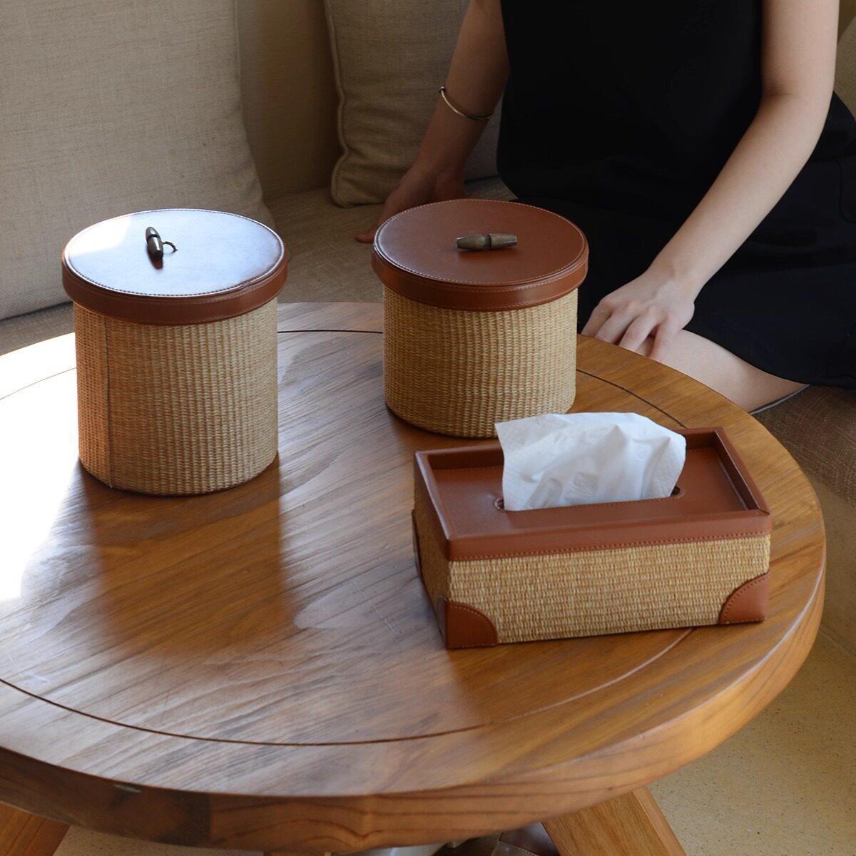 中古草编藤编收纳篮桌面零食化妆品收纳轻奢皮革纸巾盒收纳储物筐