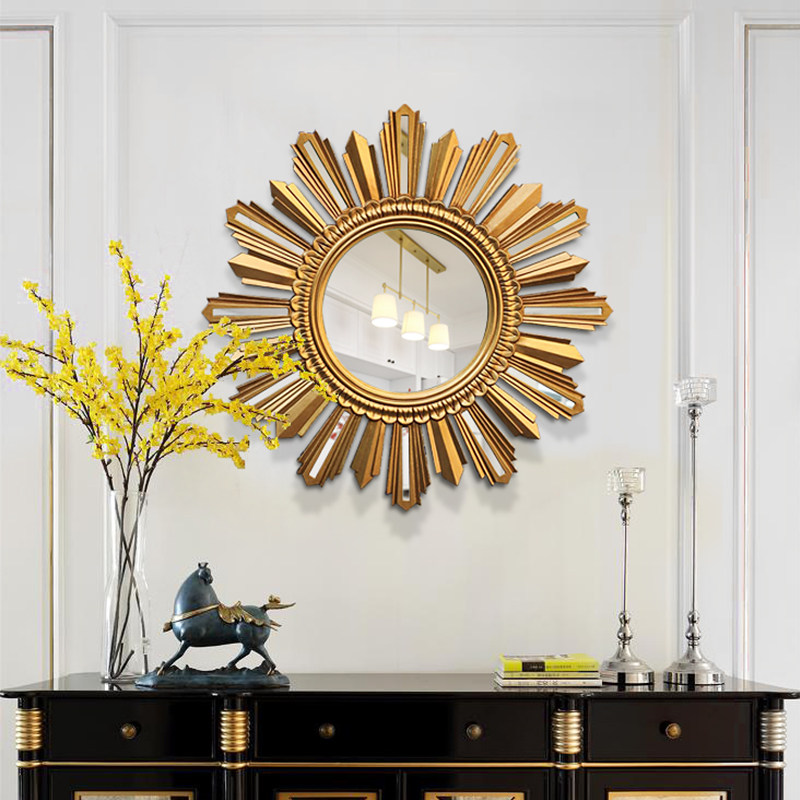 欧式木质店圆形壁挂创意玄关餐边太阳装饰镜子背景墙定制尺寸
