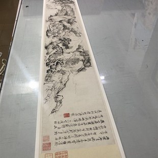 :古代山水名画真迹高复制品石涛江山胜揽图 绢布长卷古画
