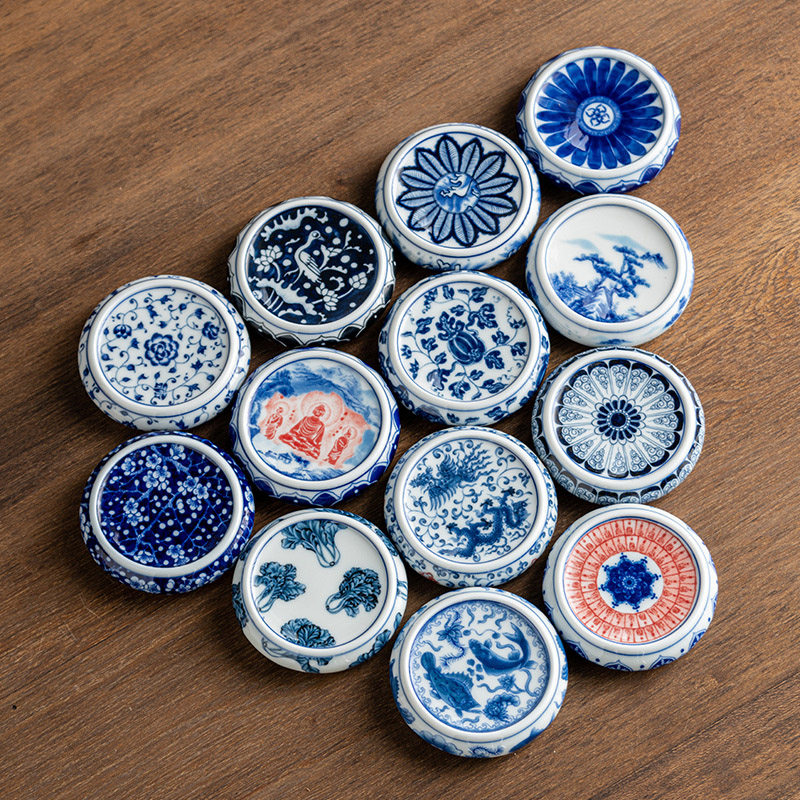 青釉下彩缠枝莲盖置陶瓷茶托壶承中式家用杯垫杯盖功夫茶具