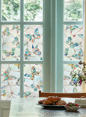凡菲蝴蝶浮雕彩绘膜法式玻璃窗贴窗户贴膜艺术复古蒂凡尼窗花贴纸