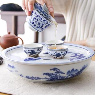 潮汕陶瓷功夫茶具圆形茶盘茶船储水式特价空船托盘简约办公家用