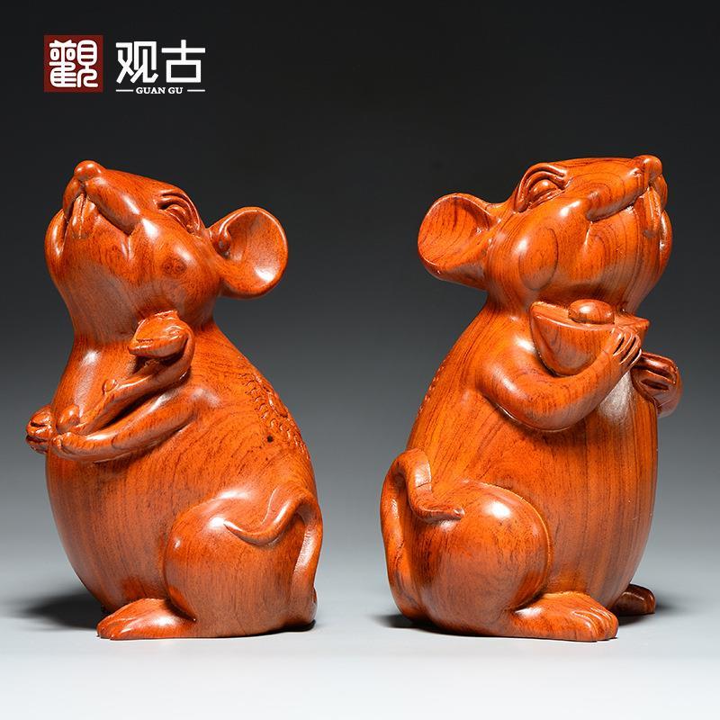 花梨木雕老鼠摆件十二生肖木质如意鼠雕刻家居客厅办公装饰工艺品