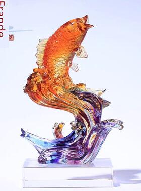 弗朗德琉璃工艺品鱼跃龙门水晶锦鲤鱼客厅玄关摆件装饰乔迁礼品