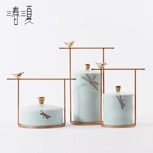 现代简约样板间客厅墙柜家居饰品新房装 新中式 饰品陶瓷储物罐摆件