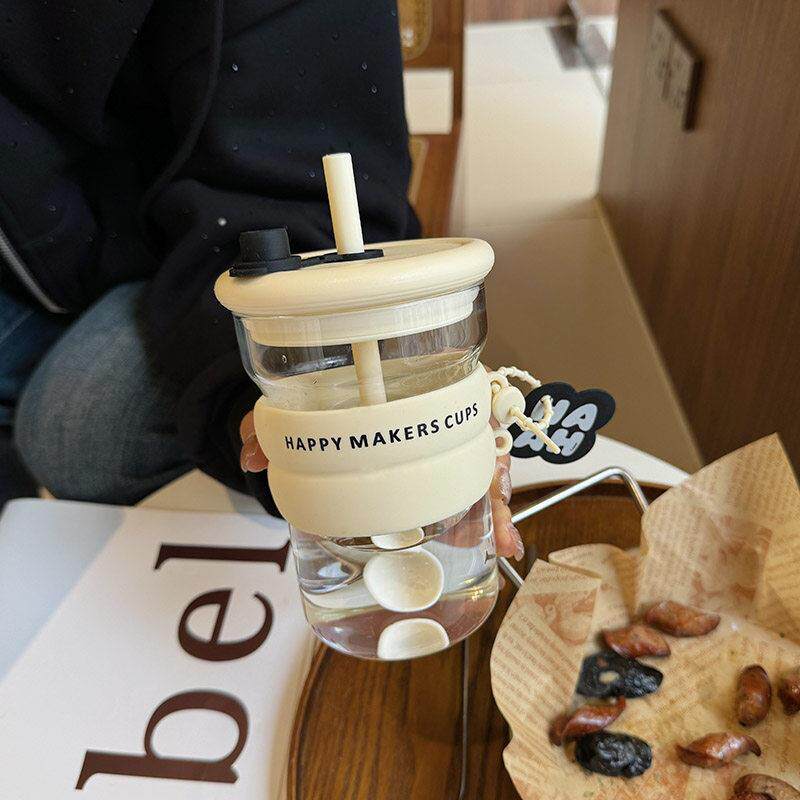 女生高颜值吸管高硼硅带盖子单层玻璃杯家用耐高温水杯子喝水牛奶