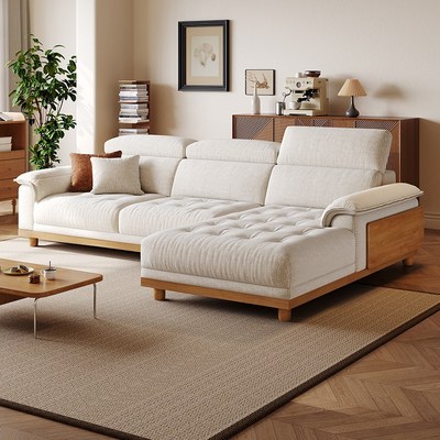 帝乐曼实木布艺沙发日式客厅原木风可调节头枕猫抓布贵妃沙发新款