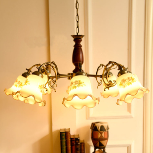 复古实木灯五头吊灯创意彩绘新中式 客厅吊灯卧室美式 田园乡村风格