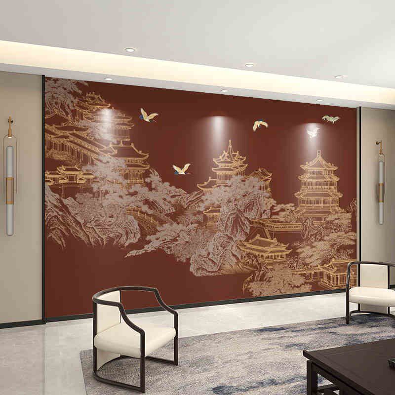 壁纸定制中式亭台办公室电视背景墙壁布客厅墙纸沙发装饰墙布壁画