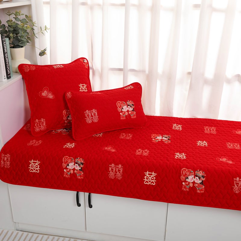 结婚飘窗地垫红色婚房阳台喜庆卧室床边窗台垫榻榻米全棉垫子定制