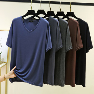 居家凉感上衣睡衣薄汗衫 男士 短袖 爸爸装 莫代尔v领宽松T恤纯色大码