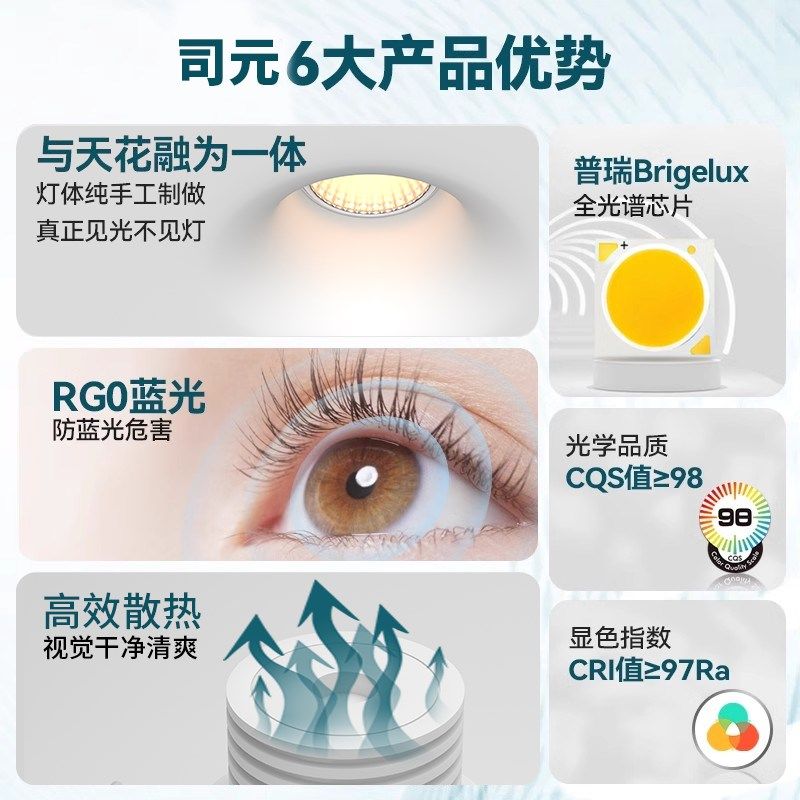 全光谱护眼石膏灯led射灯无边框智能客厅防眩光嵌入式预埋cob筒灯,家装灯饰光源,嵌入式射灯,淘宝优惠券,粉丝福利购,淘宝优惠卷