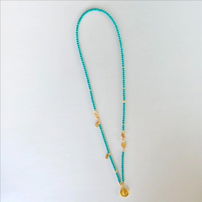 天然绿松石长款项链女串珠毛衣链万能扣可拆卸黄财神吊坠多用挂绳