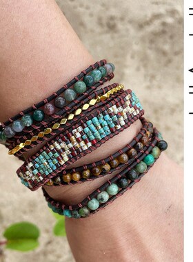 欧美式复古波西米亚风手链男款多层叠戴串珠绿松石编织手绳情侣