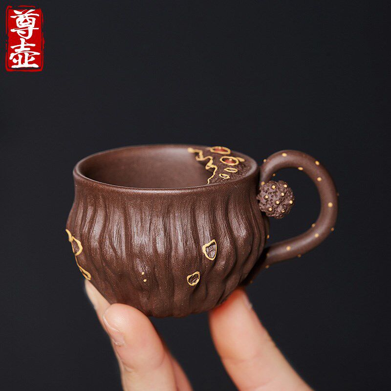 尊壶宜兴紫砂品茗杯莲子人杯单个带把小茶杯子茶碗陶瓷功夫茶具
